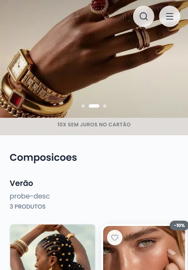 Catálogo digital da LINK aberto no celular: busca, banner e produtos de semijoias com preço