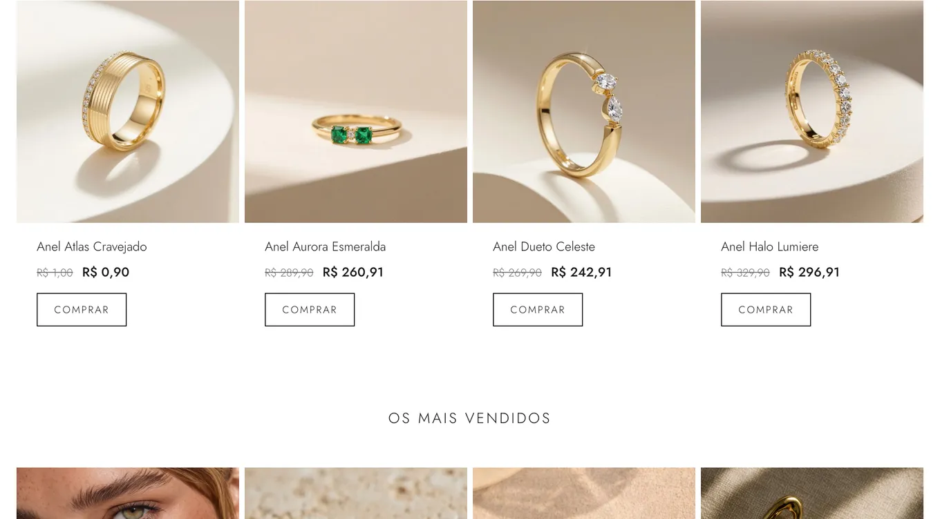 Catálogo de joias do LINK no computador: lançamentos e mais vendidos com preço promocional e botão Comprar