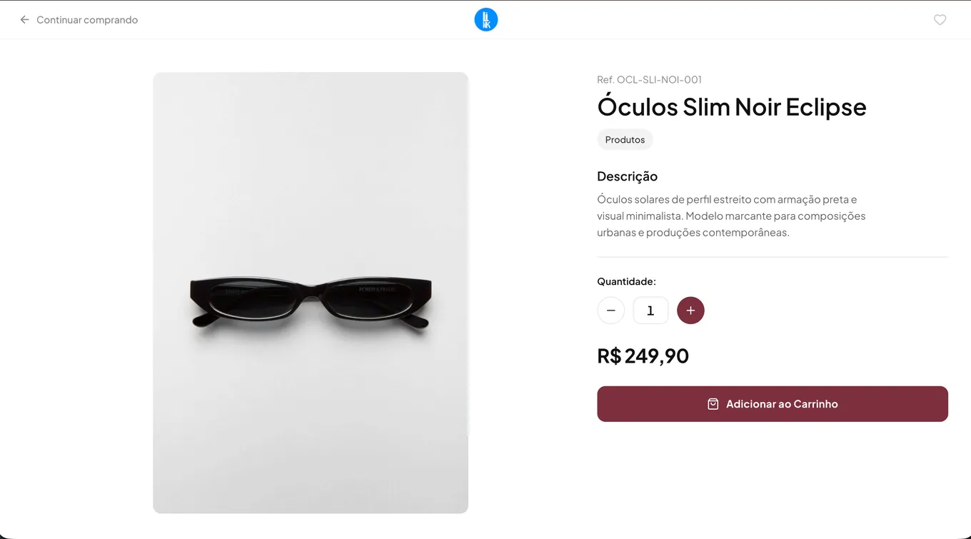 Página de produto do catálogo do LINK no computador: foto, descrição, quantidade, preço e botão Adicionar ao Carrinho