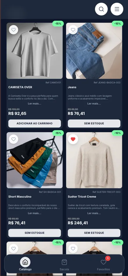 Catálogo de demonstração de moda no celular, em tema escuro
