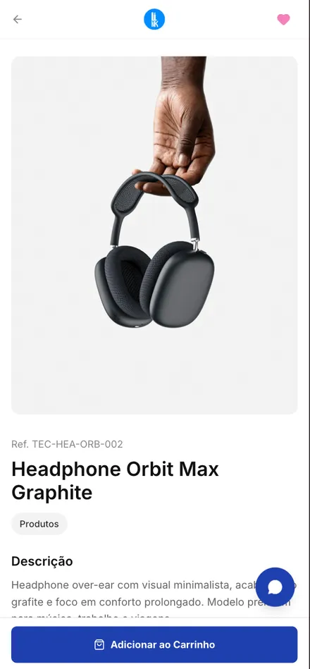 Página de produto no celular: headphone com foto, referência, descrição e botão Adicionar ao Carrinho