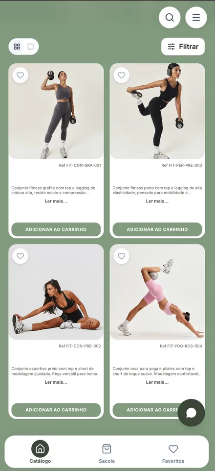 Catálogo de demonstração de moda fitness no celular, em tema verde