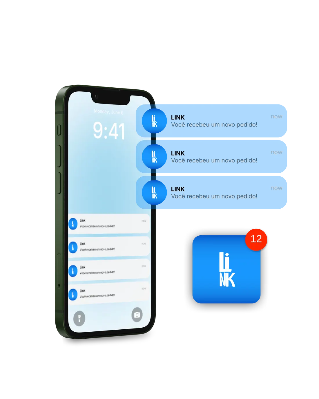 Celular em tela de bloqueio com pilha de notificações da LINK: Você recebeu um novo pedido!